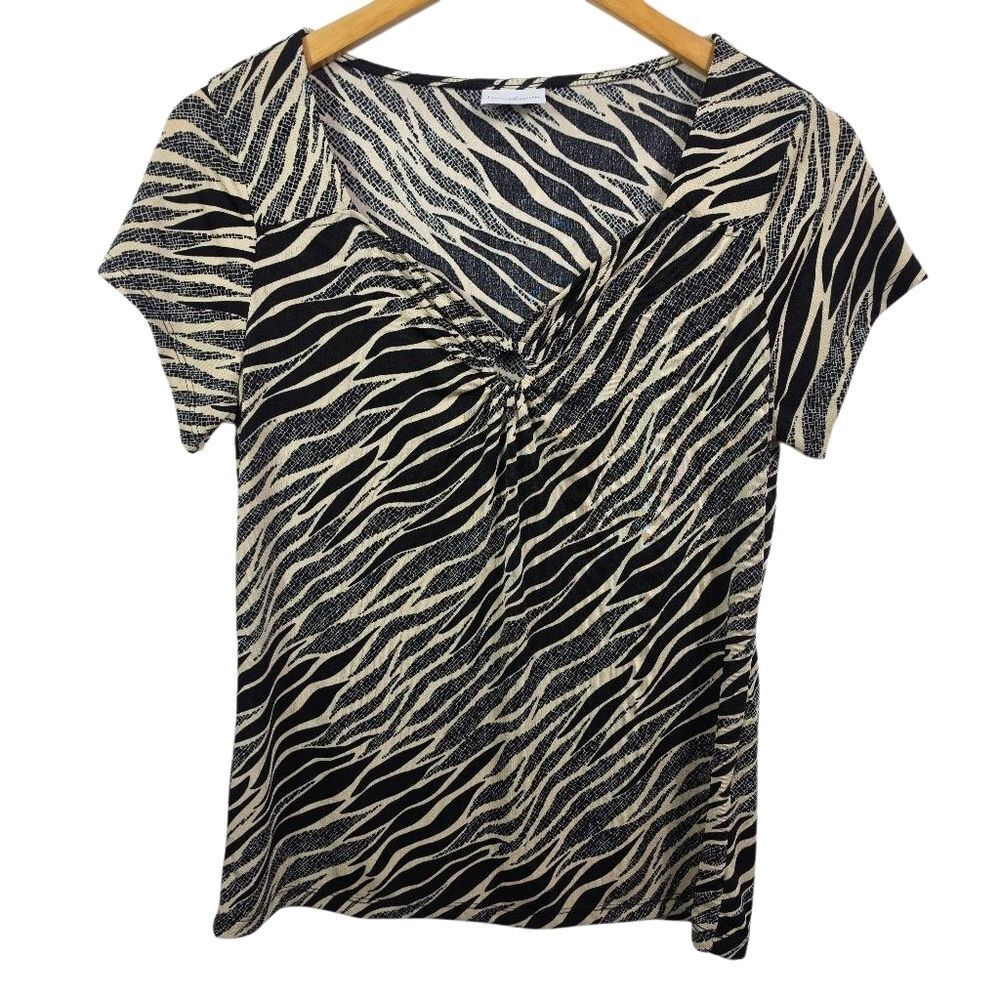 Jaclyn Smith Black and Cream Zebra-Print Twist V-Neck Short Sleeve Top Size M